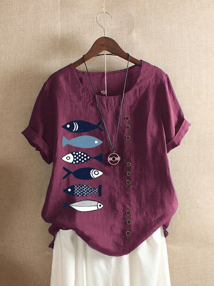 Comfysol Button Cartoon Fish Print Short Sleeve Casual Blouse
