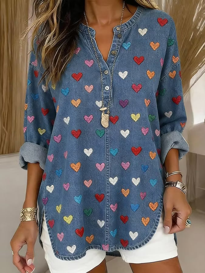 Women'S Casual Color-Block Top With Heart Print And Patchwork Design