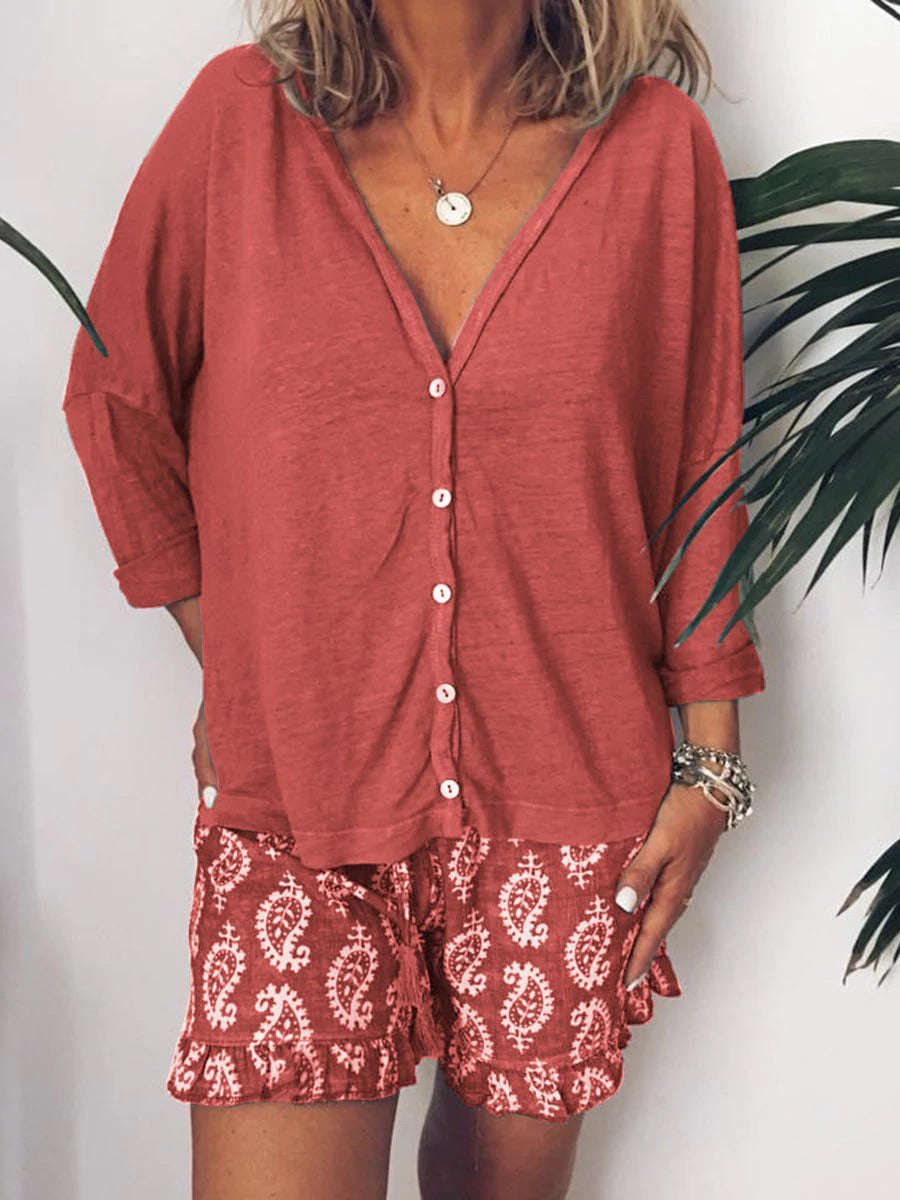 Comfysol Red Casual V Neck Printed Long Sleeve Two Piece Sets