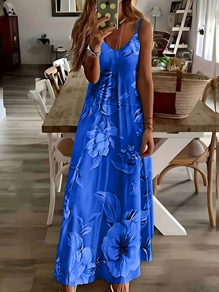 Women Floral Sleeveless V Neck Printing Dress Daily Casual Maxi Slip Dress X-Line Summer Dress