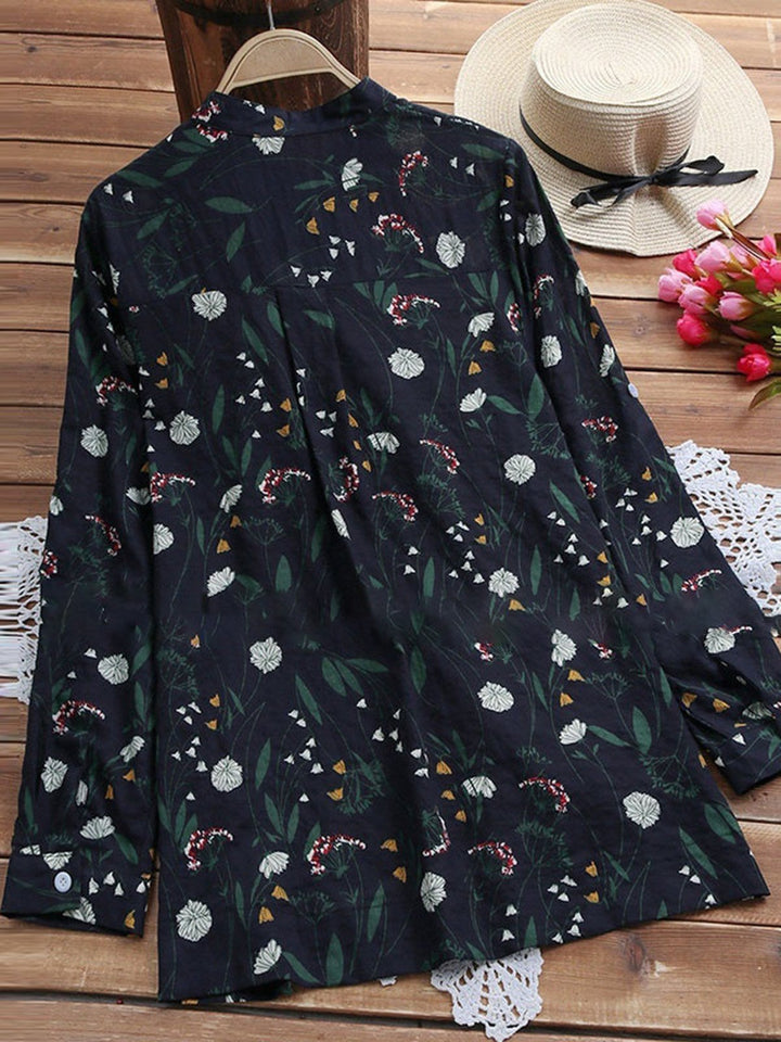 Comfysol Elegant Floral Print Stand Collar Blouse