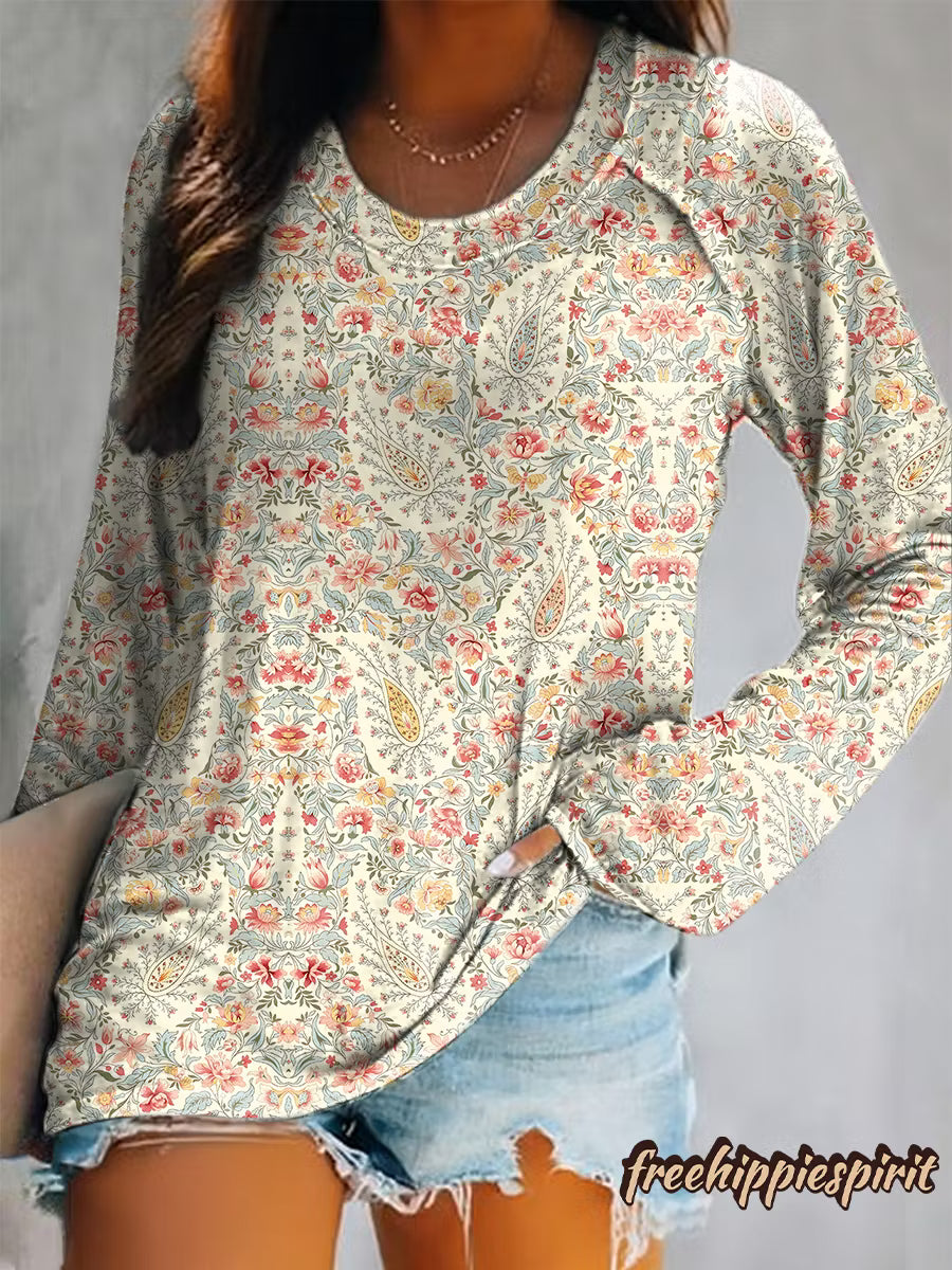 Women's Retro Paisley Floral Art Print Casual Crew Neck Long Sleeve Tops