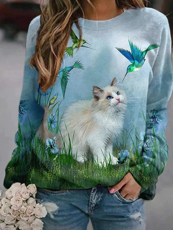 Comfysol Blue Casual Graphic Tops Round Neck Long Sleeve Cat Scenery Printed Sweatshirts