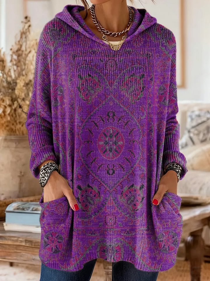 Women's Retro Ethnic Totem Art Print Casual Knitted Pocket Hooded Tunic Top