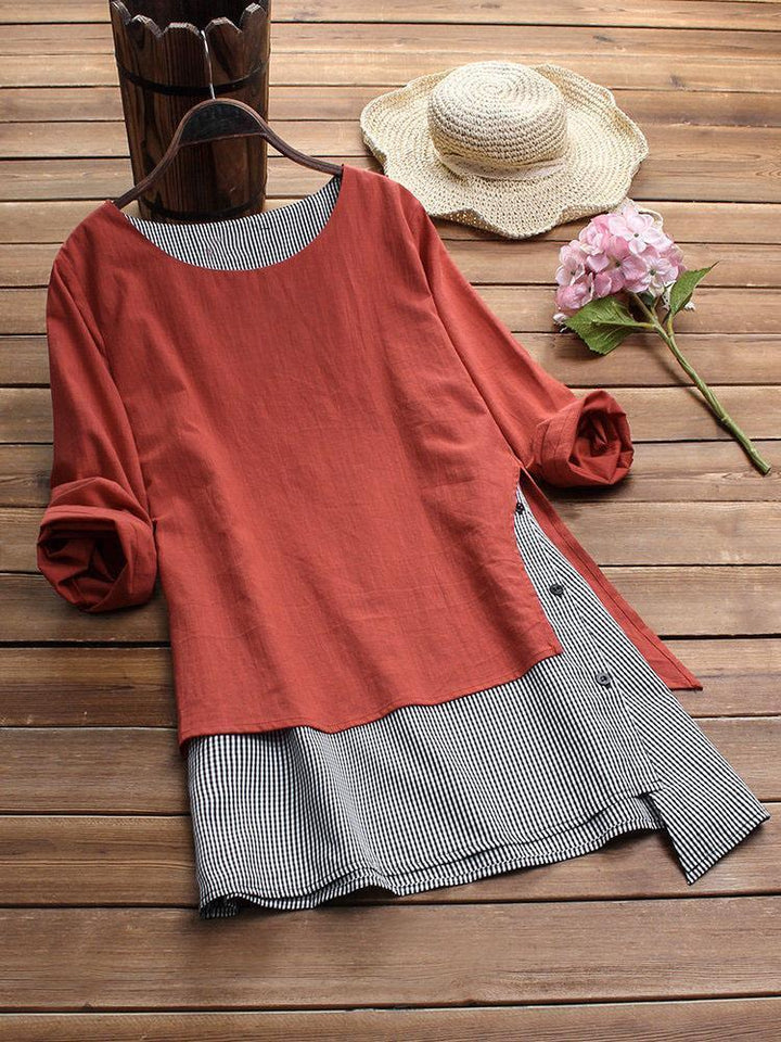 Comfysol Stripe Patchwork Asymmetrical Long Sleeve Casual Blouse