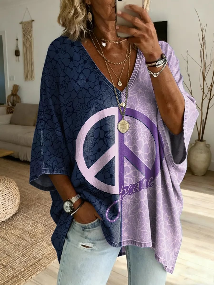 Women's Vintage Patchwork Hippie Art Print Casual Loose Washed Cotton Denim Top