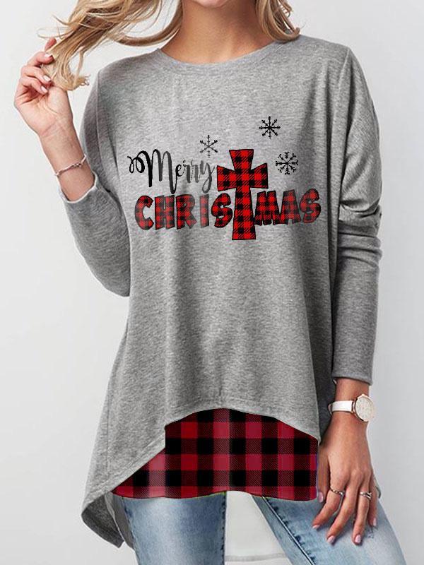 Comfysol Red Plaid Merry Christmas Print Sweatshirt