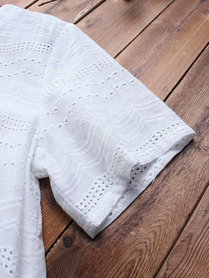 Comfysol Bohemian Embroideried Short Sleeve Button Casual Blouse