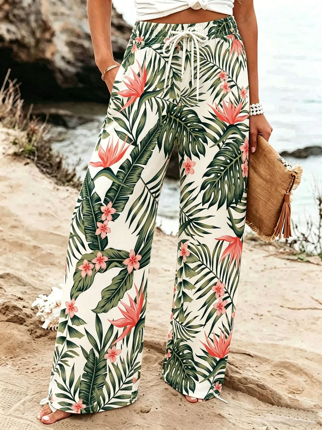 Tropical Leaf Print Drawstring Waist Wide Leg Pants