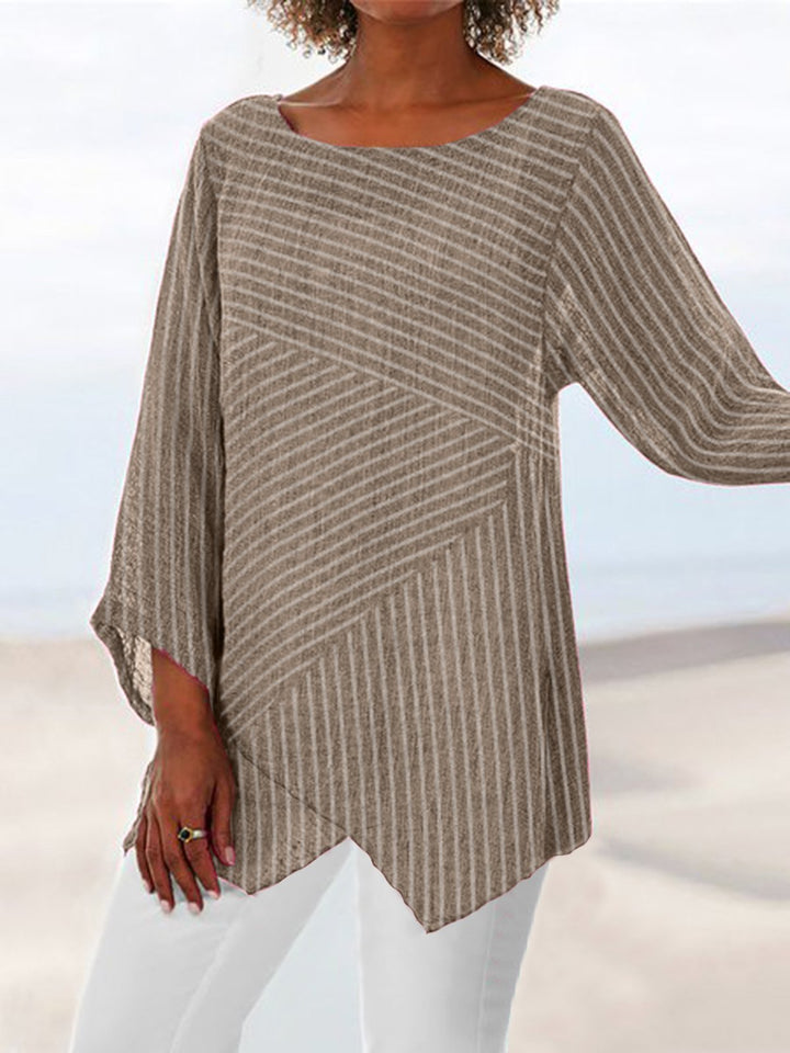 Comfysol Crew Neck Long Sleeve Paneled Vacation Blouse