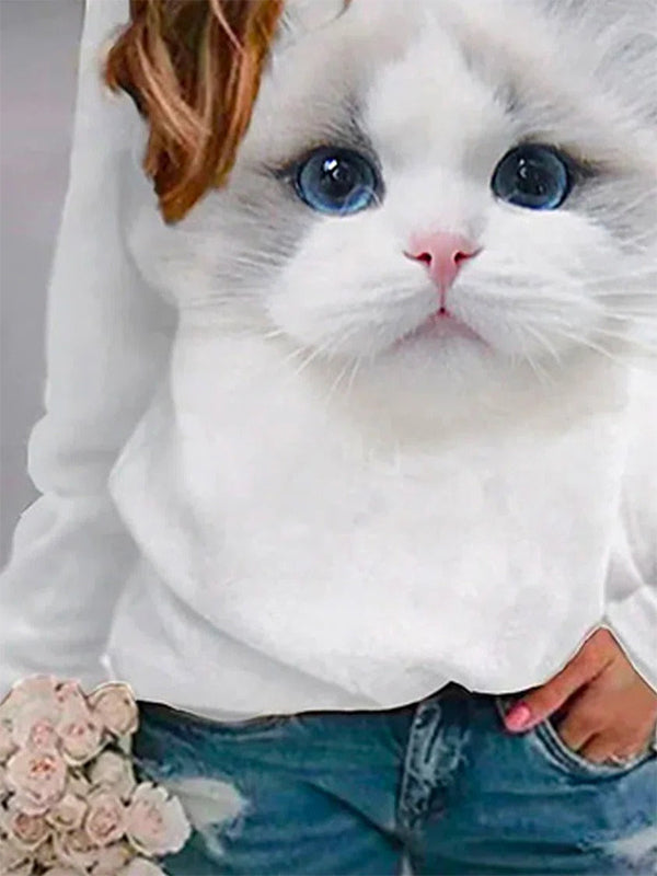 Comfysol White Casual Graphic Tops Round Neck Long Sleeve Cat Printed Sweatshirts