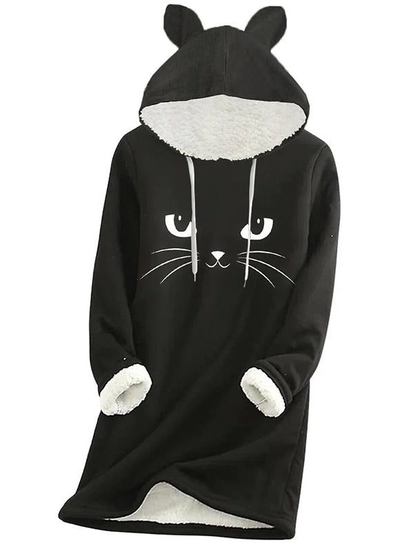 Comfysol Black Casual Graphic Tops Long Sleeve Cat Printed Fleece Hoodies