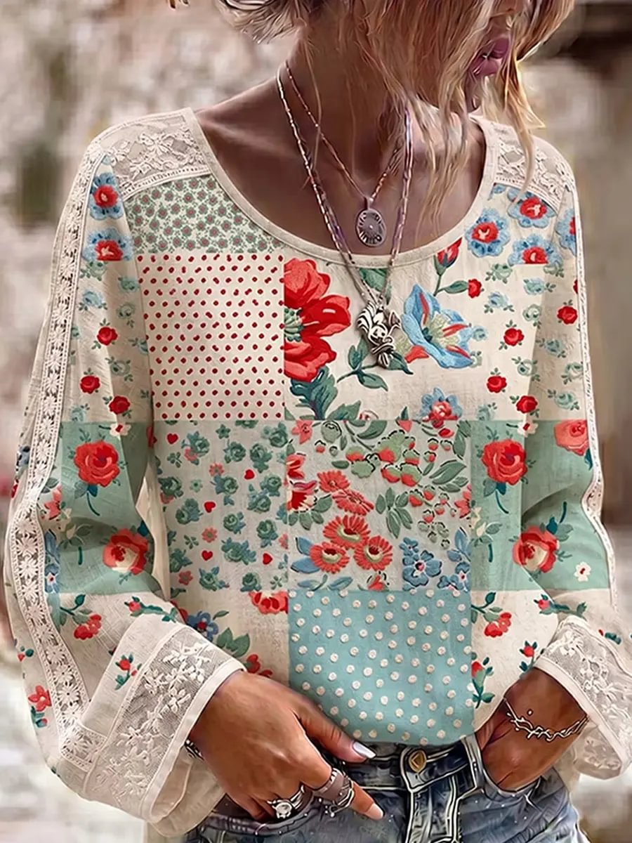Women's Vintage Floral Polka Dot Patchwork Print Cotton Lace Long Sleeve Top