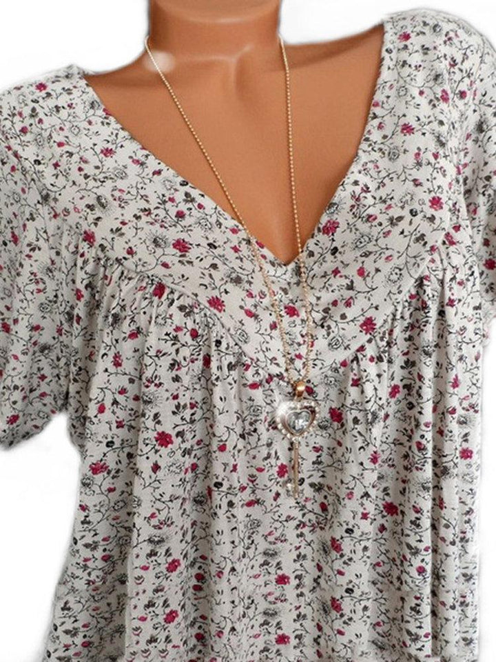 Comfysol Print Floral Short Sleeve V-neck Blouse