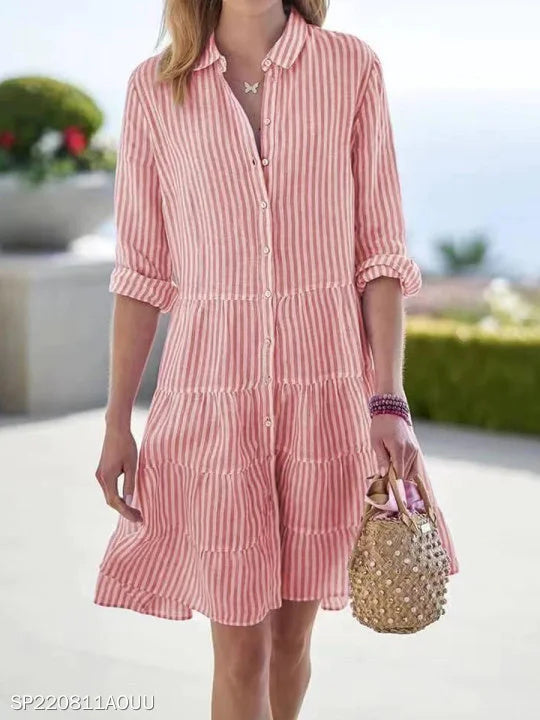 Women Striped Long Sleeve Shawl Collar Printing Dress Daily Vintage Midi Shirt Dress A-Line Spring/Fall Dress