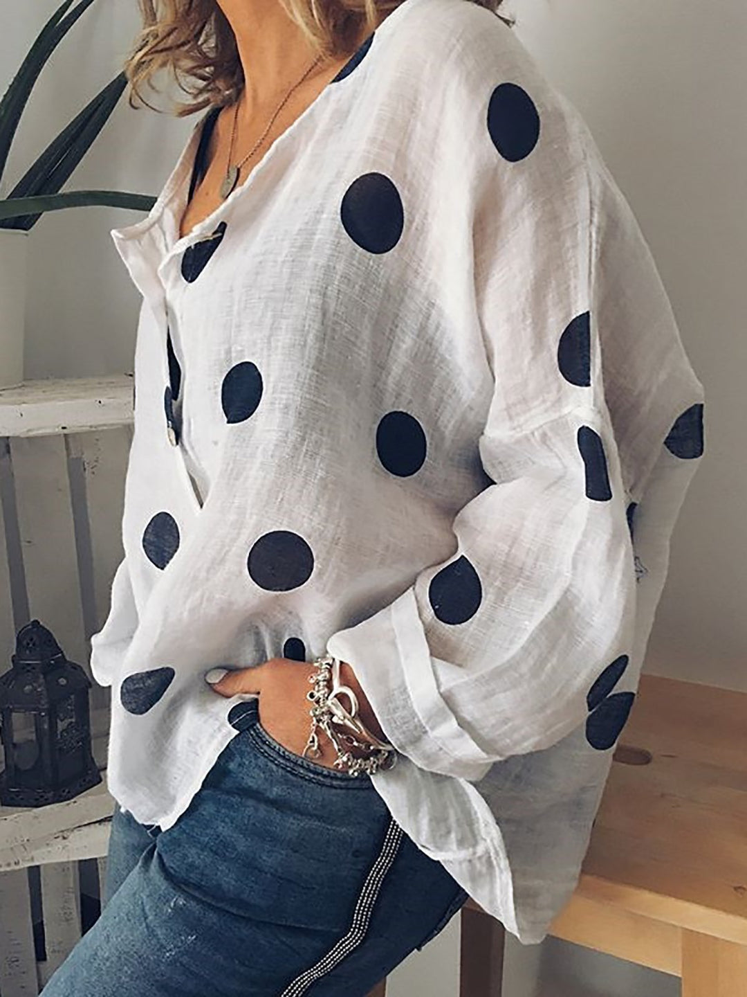Comfysol Polka Dot Print Buttoned Long Sleeve Casual Blouse
