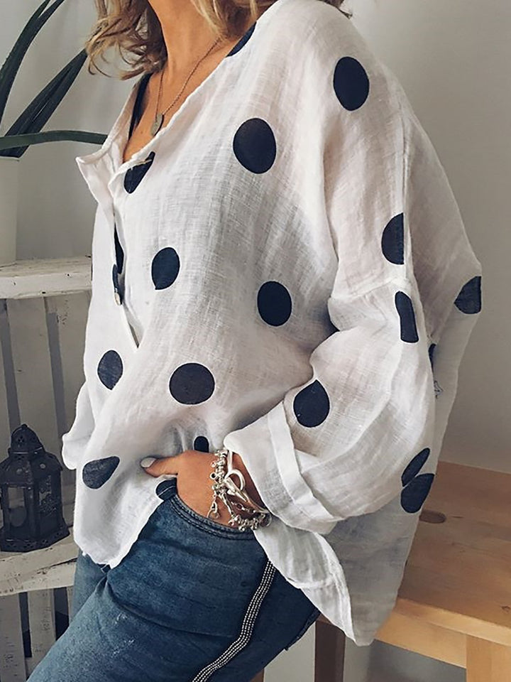 Comfysol Polka Dot Print Buttoned Long Sleeve Casual Blouse