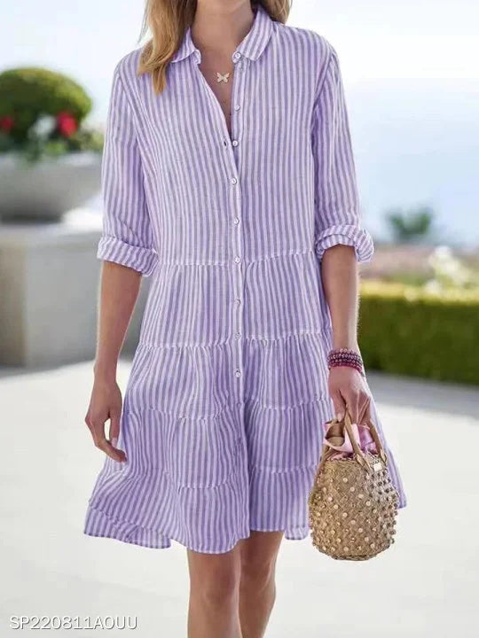 Women Striped Long Sleeve Shawl Collar Printing Dress Daily Vintage Midi Shirt Dress A-Line Spring/Fall Dress