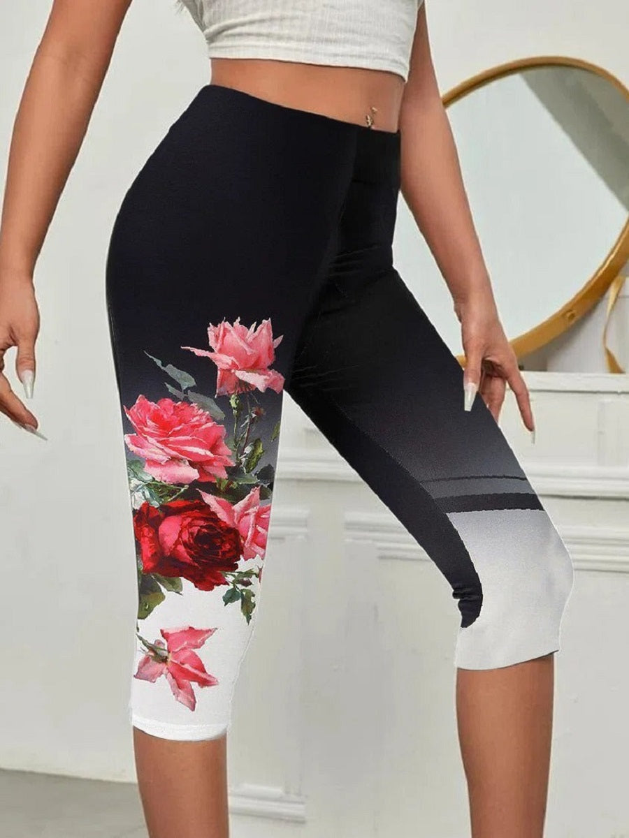 Comfysol Black Casual Floral Printed Capris Leggings