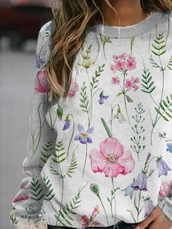 Comfysol Pink Casual Graphic Tops Round Neck Long Sleeve Floral Printed Sweatshirts