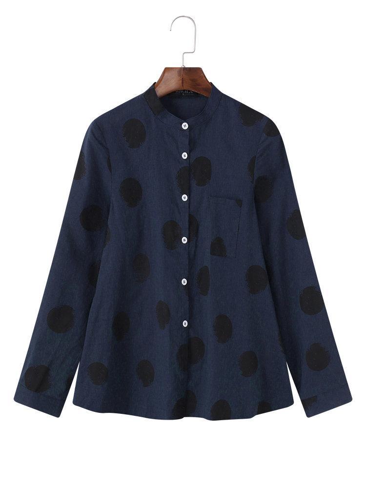 Comfysol Casual Polka Dot Irregular Long Sleeve Stand Collar Blouse