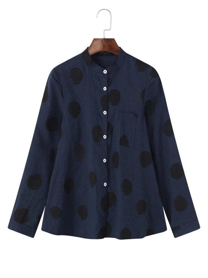 Comfysol Casual Polka Dot Irregular Long Sleeve Stand Collar Blouse