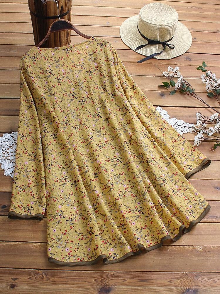 Comfysol Women's Floral Print Patchwork Long Sleeve Irregular Hem Blouse