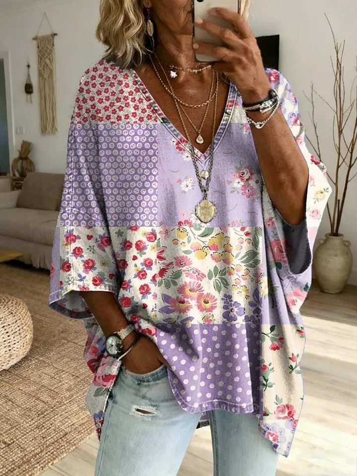 Women's Vintage-Style Spliced Floral Art Print Casual Washed Cotton Denim Top