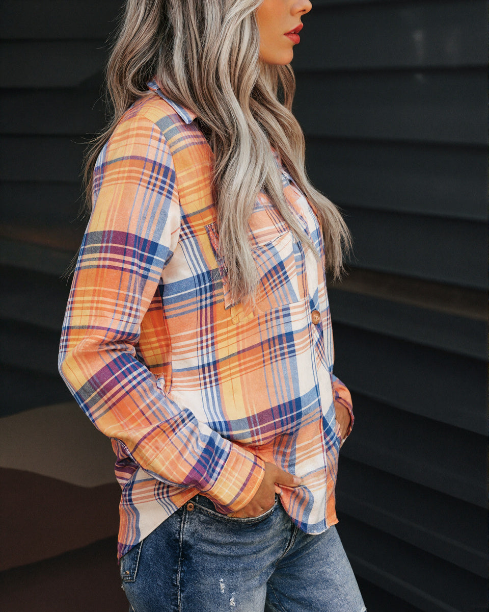Blue Orange Plaid Button Front Blouse Top