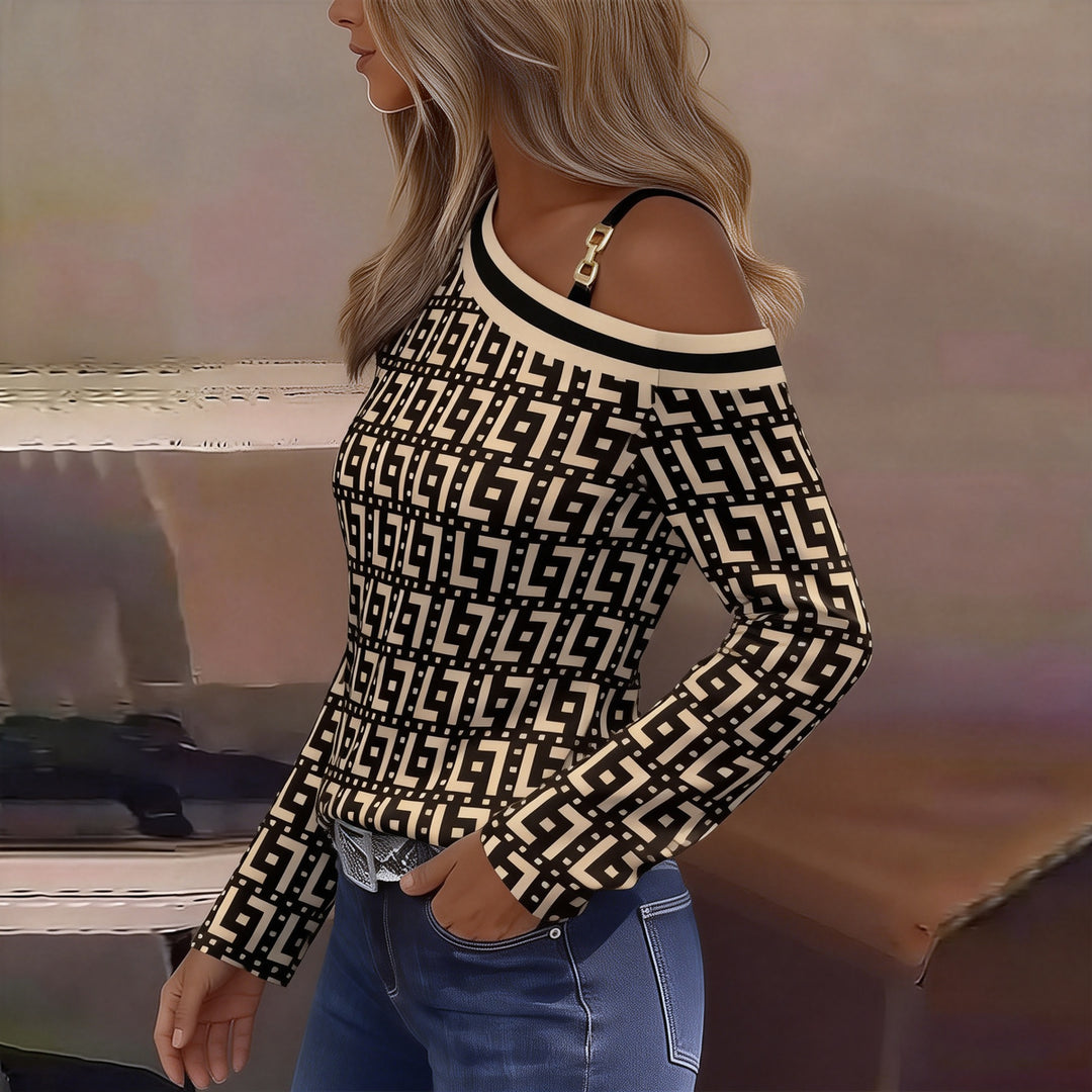 Retro Print Cold Shoulder Top