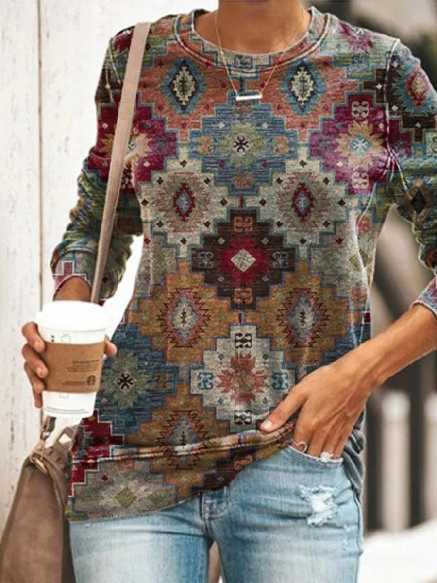 Comfysol Geometric Round Neck Long Sleeve Vintage Sweatershirt
