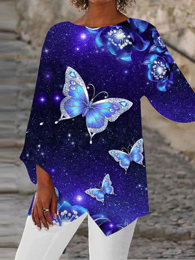 Comfysol Blue Casual Graphic Tops Round Neck Butterfly Printed Long Sleeve Blouse