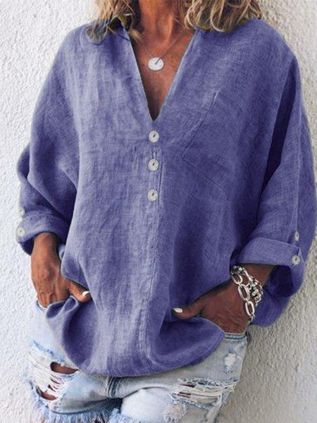 Comfysol Buttoned V-neck Cotton Long Sleeve Blouse