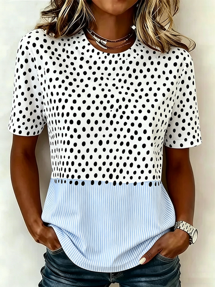 Blue White Polka Dot Striped Casual Short Sleeve Tee