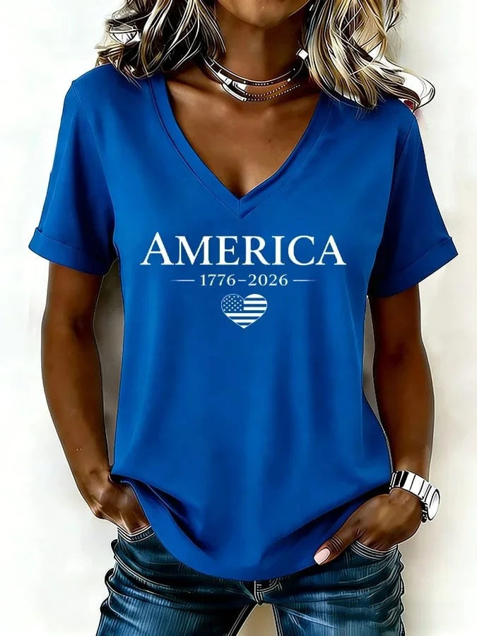 Women Letter Pattern Short Sleeve Tee T-shirt V Neck Elegant Summer Top