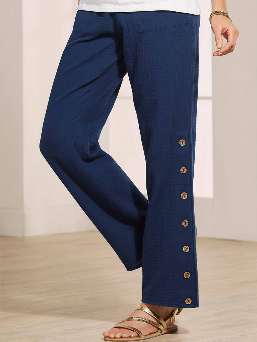 Comfysol Casual Summer Solid Buttons Pants with Pockets