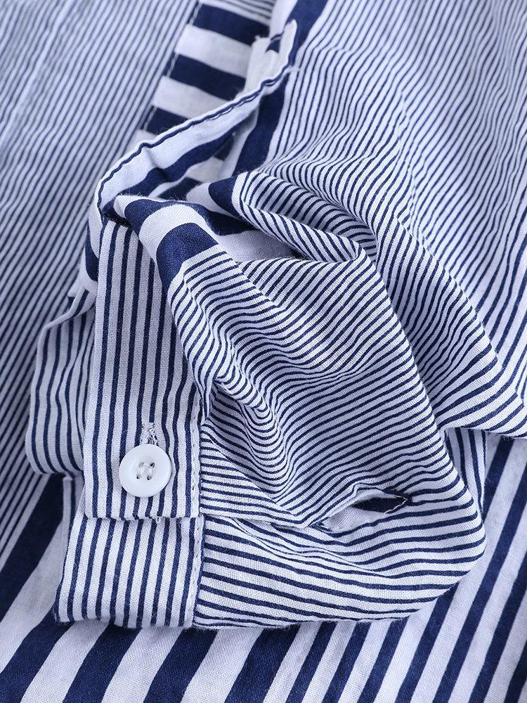 Comfysol Patchwork Stripe Print Stand Collar Irregular Casual Shirts