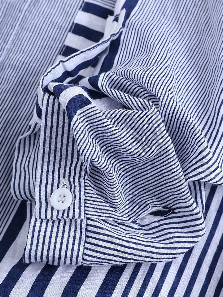 Comfysol Patchwork Stripe Print Stand Collar Irregular Casual Shirts