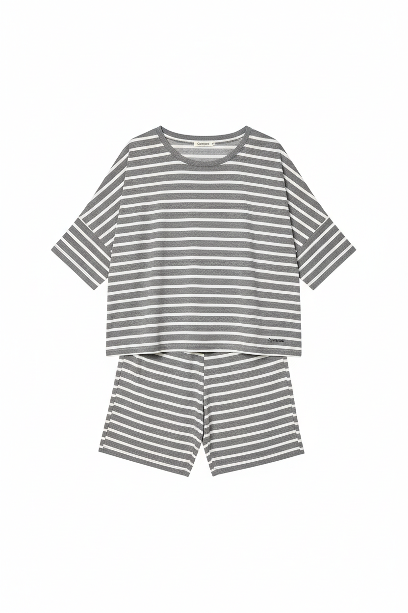 Comfysol Gray Casual Round Neck Stripe Printed Half Sleeve Two Piece Sets