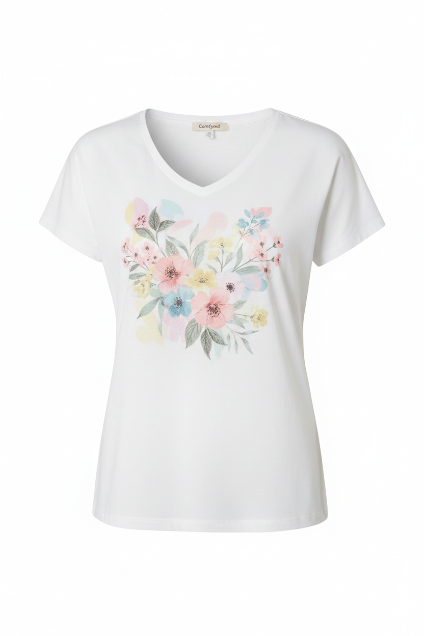 Comfysol White Casual Graphic Tops V Neck Floral Printed Short Sleeve T-shirt