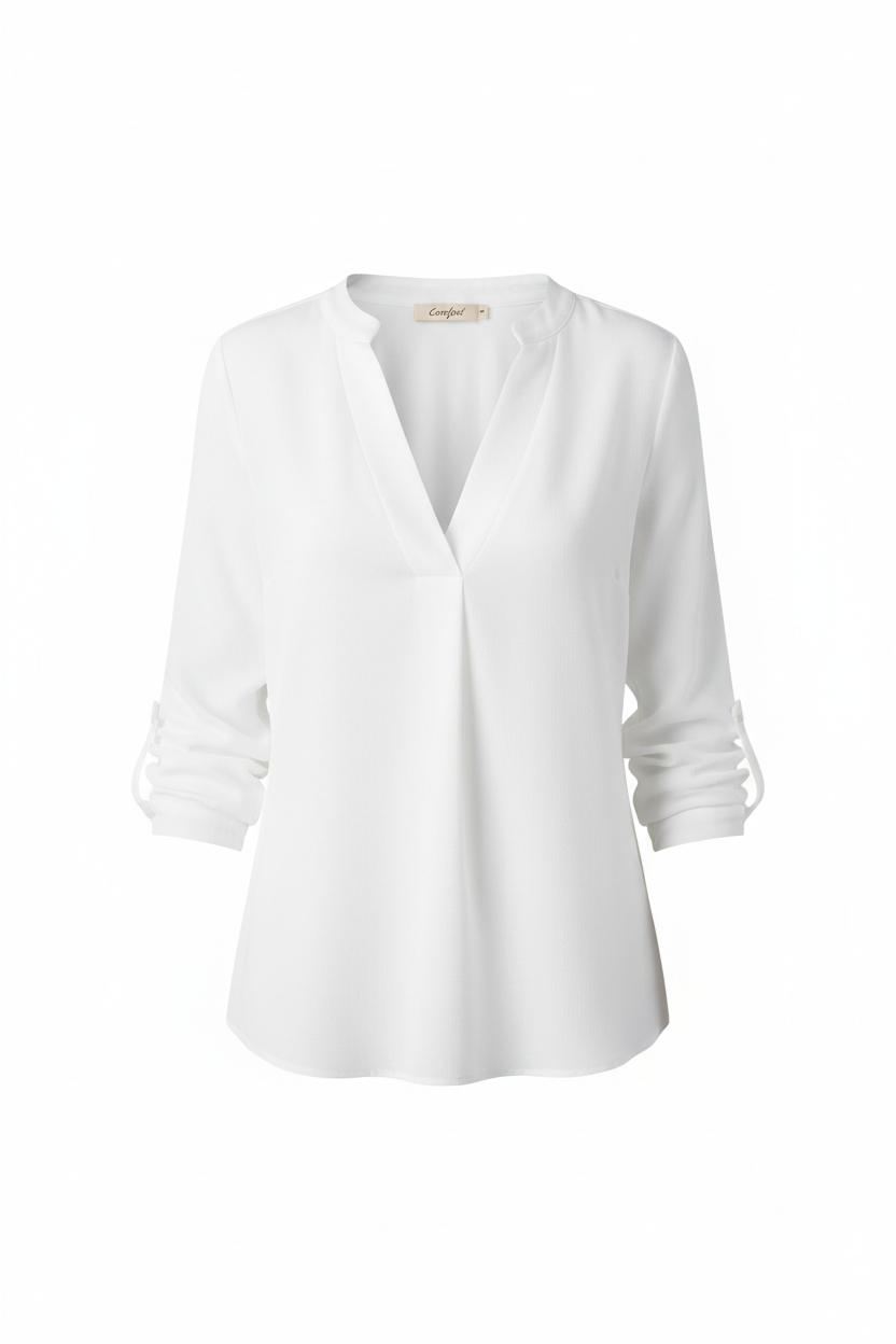 Comfysol White Casual V Neck Solid Long Sleeve Blouse