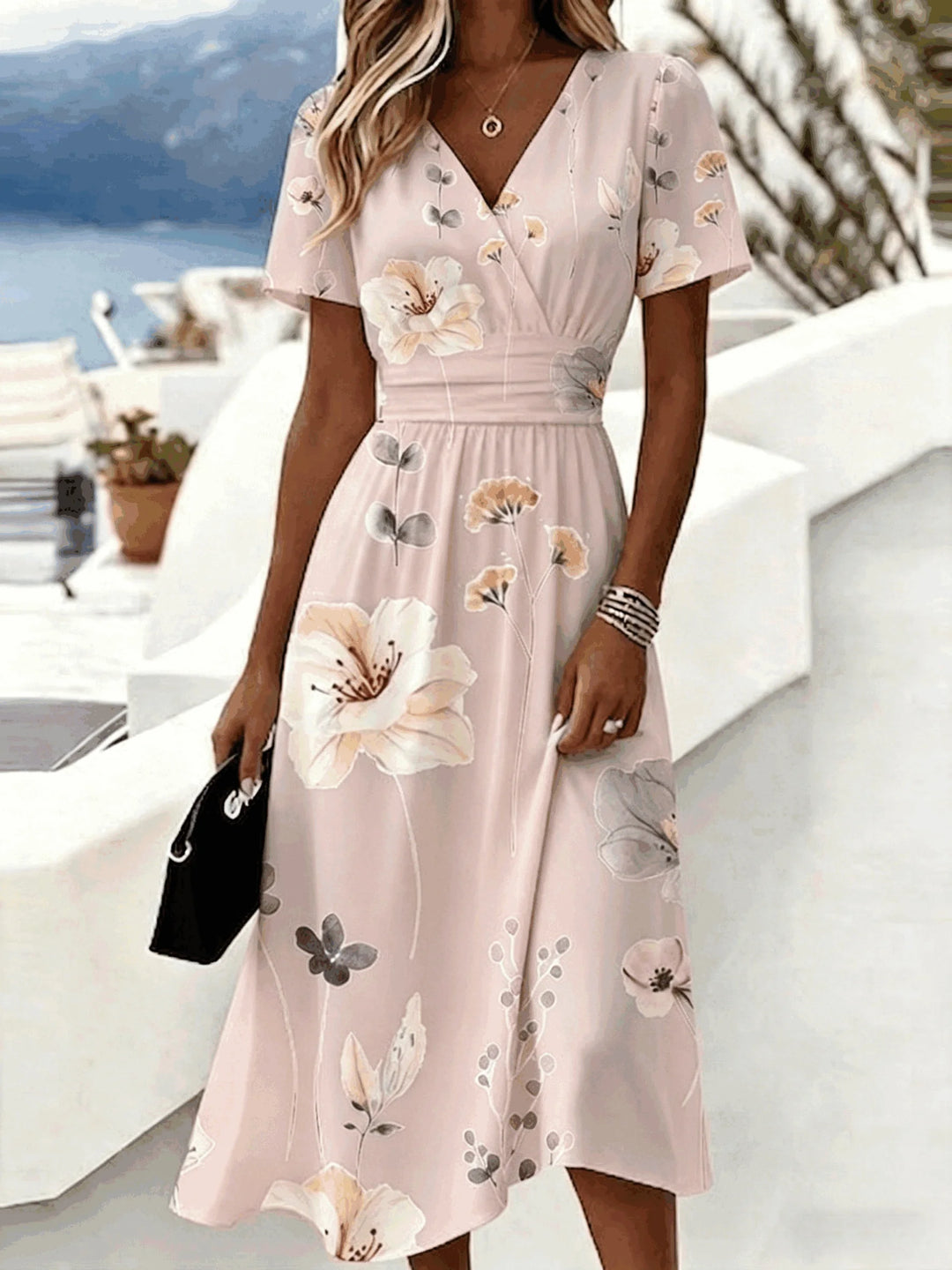 Women's Summer V-Neck Short Sleeve Printed Waist Cinched Dress