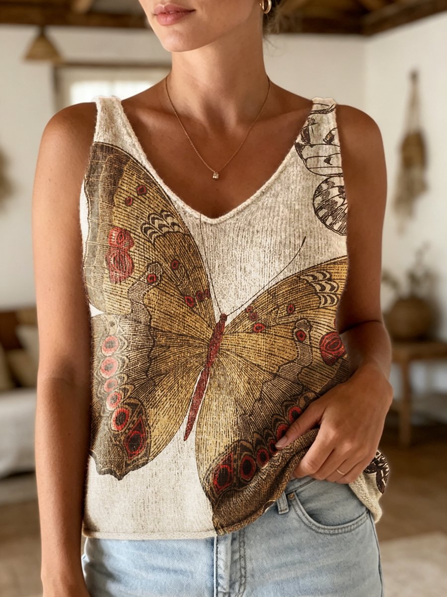 Women's Retro Butterfly Art Print Casual Sleeveless V-neck Wool Blend Knit Top