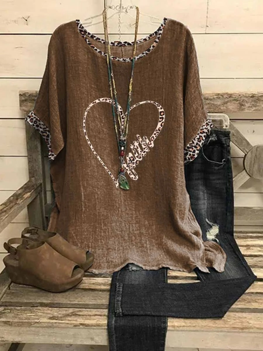 Comfysol Brown Casual Graphic Tops Round Neck Printed Short Sleeve T-shirt