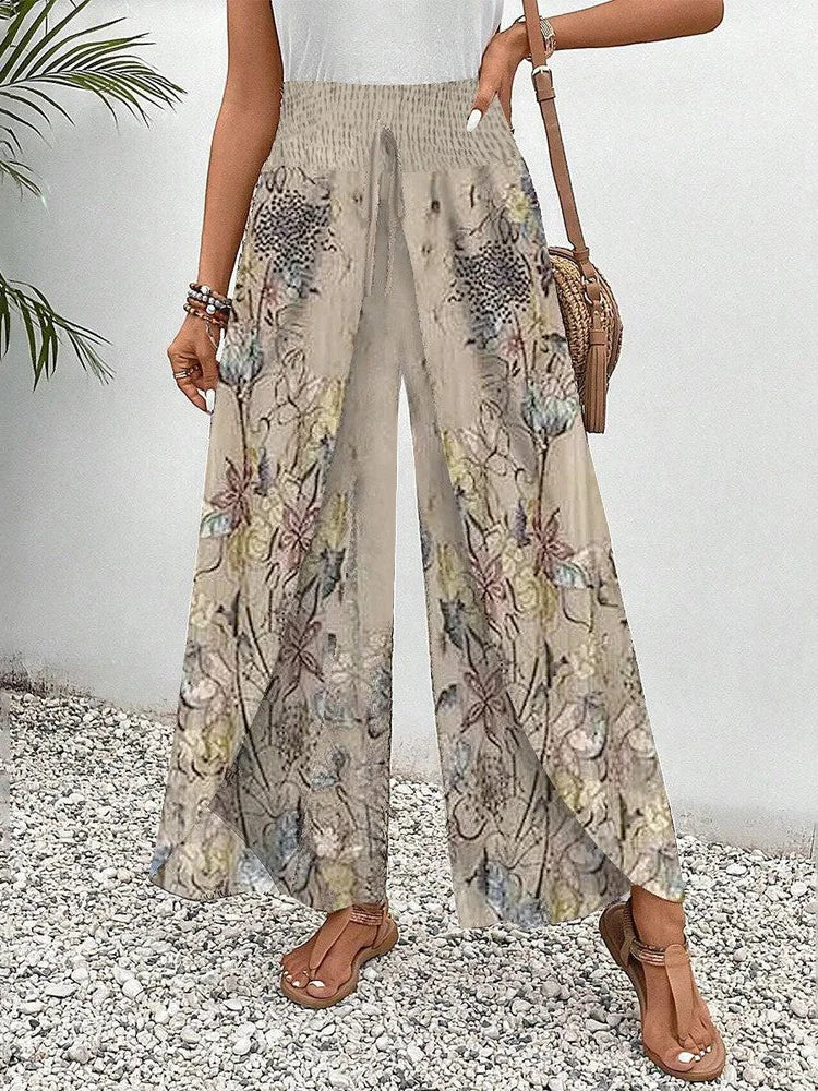 Women’s Floral Print Smocked High Waist Split Wide Leg Boho Palazzo Pants