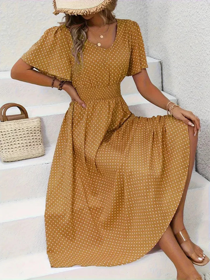 Women Polka Dots Short Sleeve V Neck Printing Dress Daily Casual Maxi Tank A-Line Summer Dress