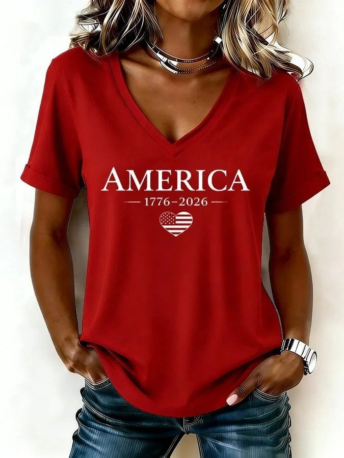 Women Letter Pattern Short Sleeve Tee T-shirt V Neck Elegant Summer Top