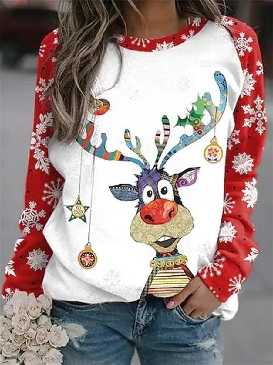 Comfysol Red Casual Graphic Tops Round Neck Elk Printed Long Sleeve Xmas Sweatshirts