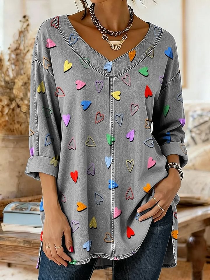 Women's Valentine's Day Heart Shape Art Print Casual Washed Denim Cotton Top