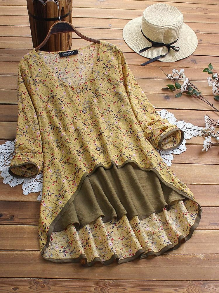 Comfysol Women's Floral Print Patchwork Long Sleeve Irregular Hem Blouse